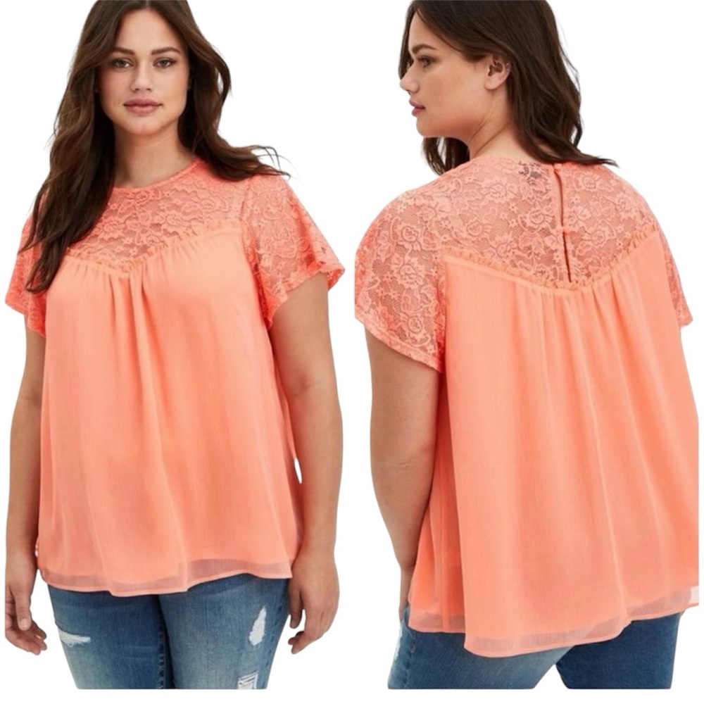 Torrid Crinkle Chiffon Lace Detail Blouse - Fusion Coral Color Casual Feminine